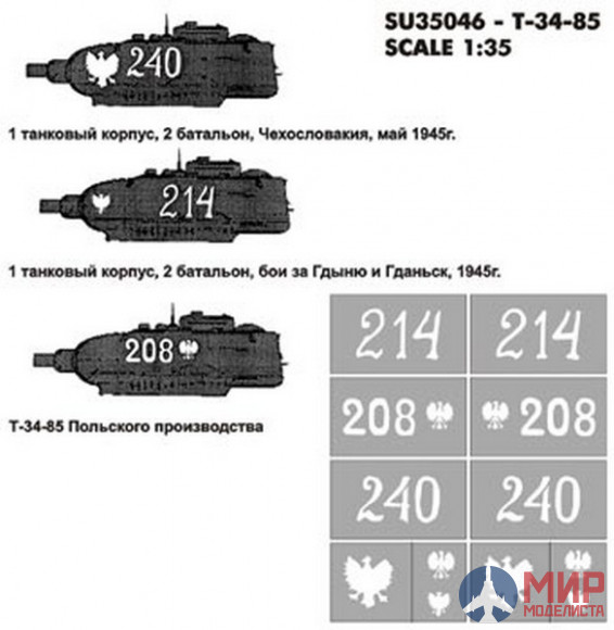 SU35046 Hobby+Plus 1/35 Окрасочная маска для модели танка T-34-85 №240,214,208 Войско Польское