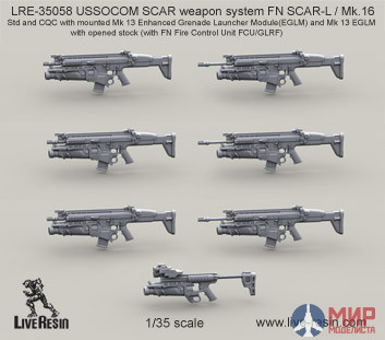 LRE35058 LiveResin USSOCOM SCAR weapon system FN SCAR-L / Mk.16 Std and CQC with mounted Mk 13 Enhanced Grenade Launcher Module(EGLM) and Mk 13 EGLM with opened stock (with FN Fire Control Unit FCU/GLRF) 1/35