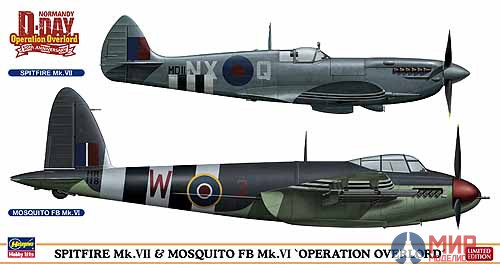 02096 Hasegawa 1/72 Набор SPITFIRE Mk.VII / MOSQUITO FB Mk.VI "OPERATION OVERLORD"