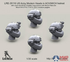 LRE35116 LiveResin Американский шлем ACH/MICH с лицевой защитой MTEK Predator Face Armour с чехлом, в комплекте кронштейн ночника PVS 7/14/15 и головы в очкахESS Crossbow goggles 1/35