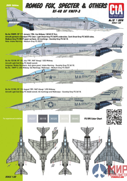 CTA012 Cut then Add 1/32 "Romeo Fox, Specter & Others" - RF-4B of VMFP-3, 3 Marking options, Low Vis