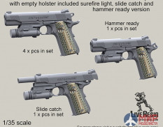 LRE35261 LiveResin Пистолет Colt M45A1 M1070CQBP MARSOC .45. с пустой кобурой и тактическим фонарём. Включает варианты со сдвинутым затвором и взведённым курком 1/35