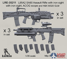 LRE35211 LiveResin Английская штурмовая винтовка L85A2 SA80 с механическим прицелом и прицелом ACOG с подствольным гранатометом H&K M320 GLM 1/35